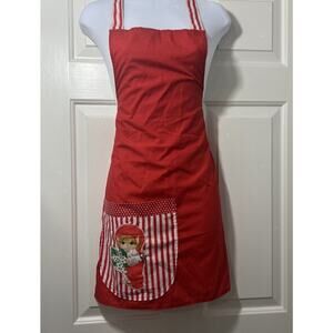 Vtg Christmas Full Apron Handmade Pocket Red White Stripe Pixie Elf‎